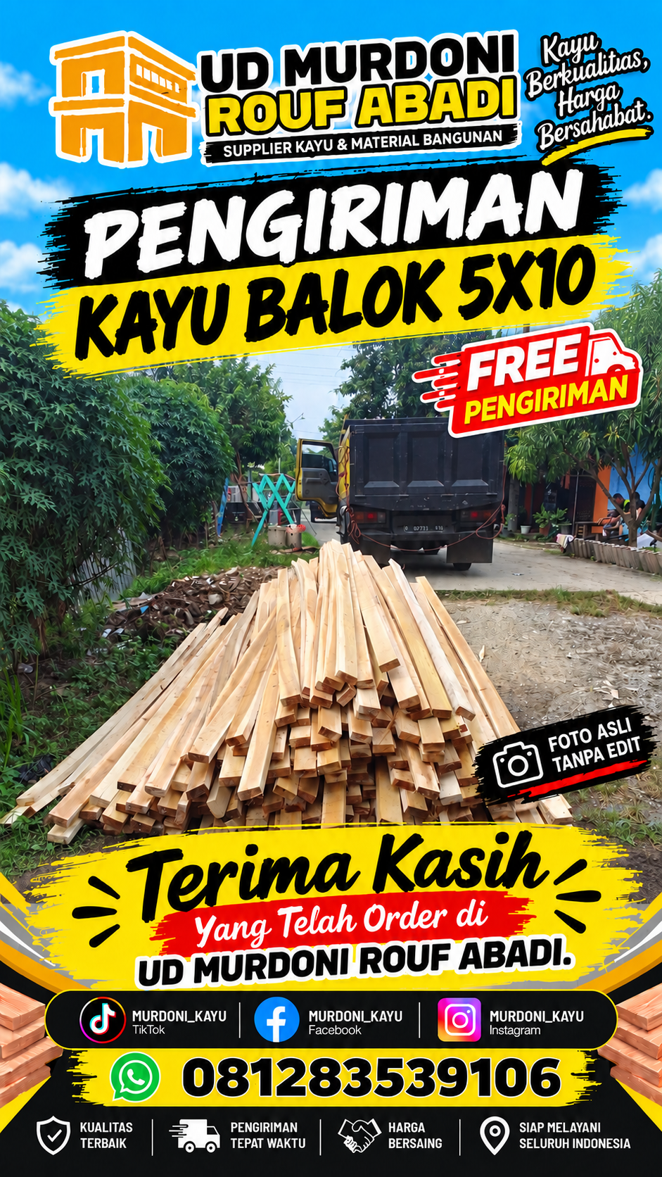 Pengiriman kayu balok 5 kali 10