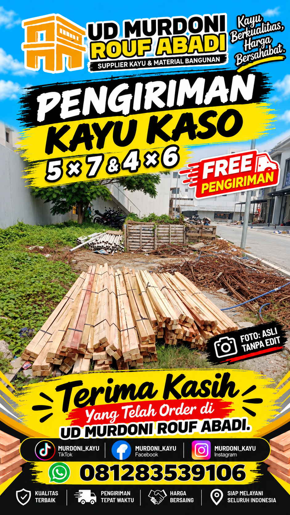 Pengiriman kayu kaso 5 kali 7 dan 4 kali 6